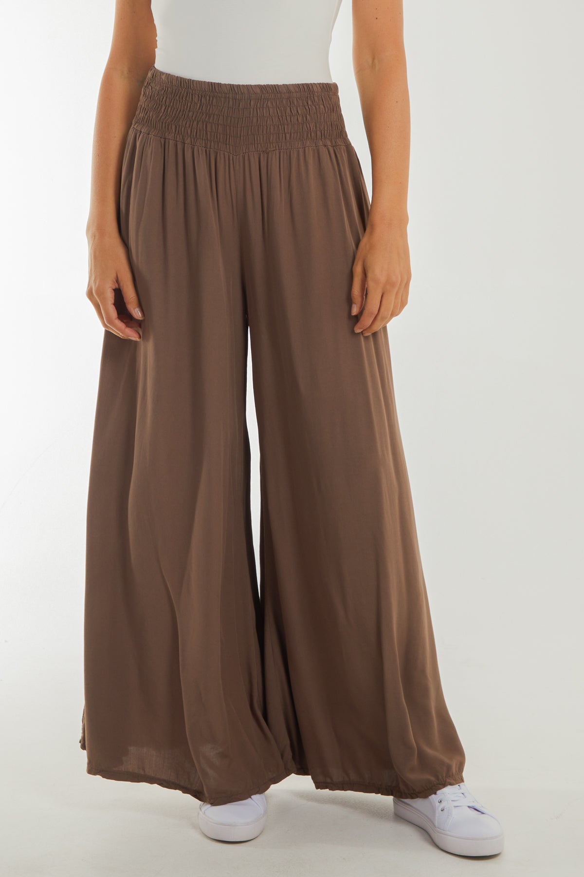 Shirred Deep Waist Band Wide Culottes TRS1 WearAll Brown One Size