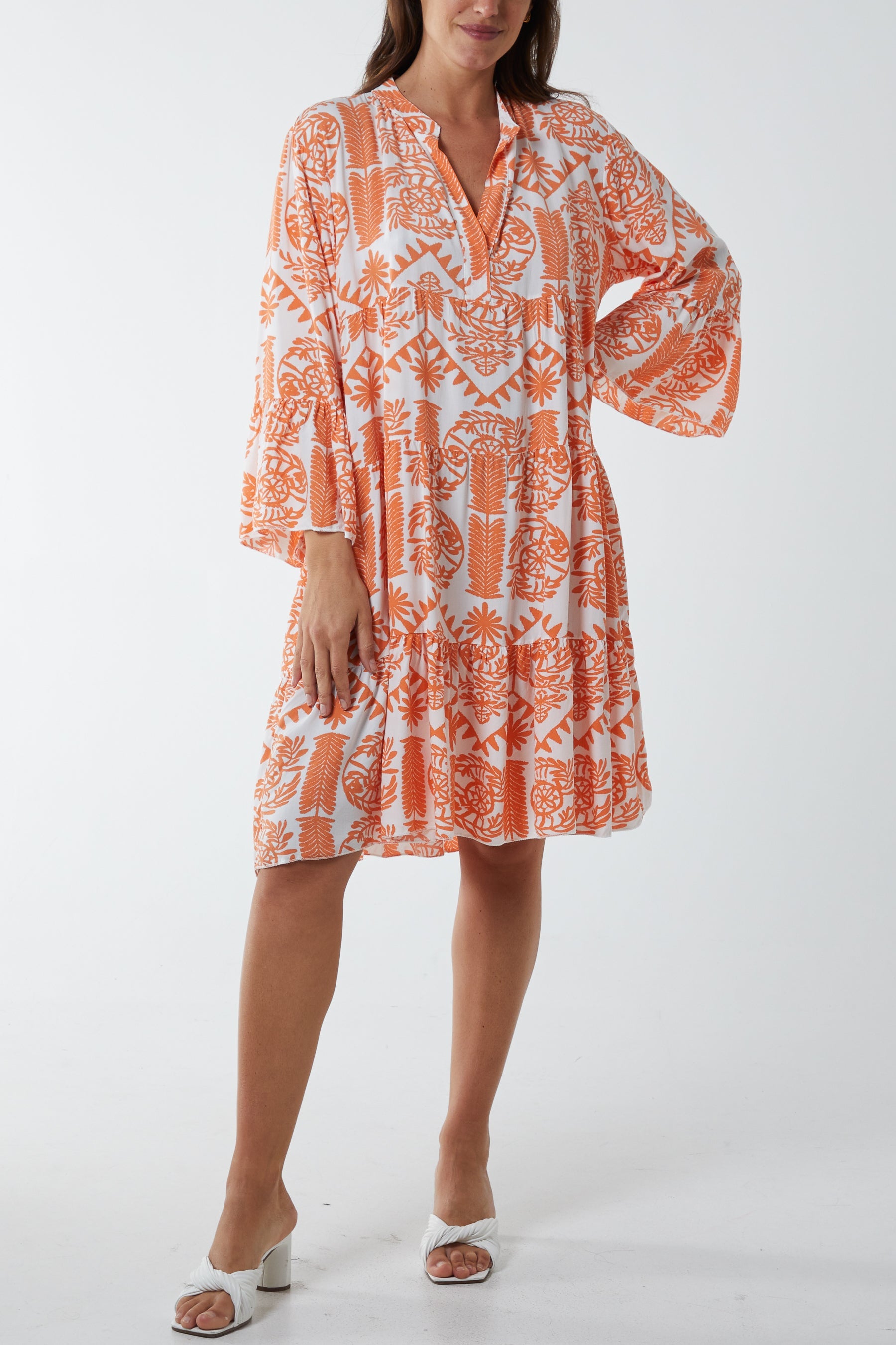 Tiered Baroque Floral Smock Print Dress DMF2 WearAll Orange One Size