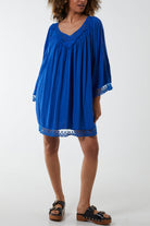 Lace Hem Broderie Collar Mini Dress DMF2 WearAll Royal Blue One Size