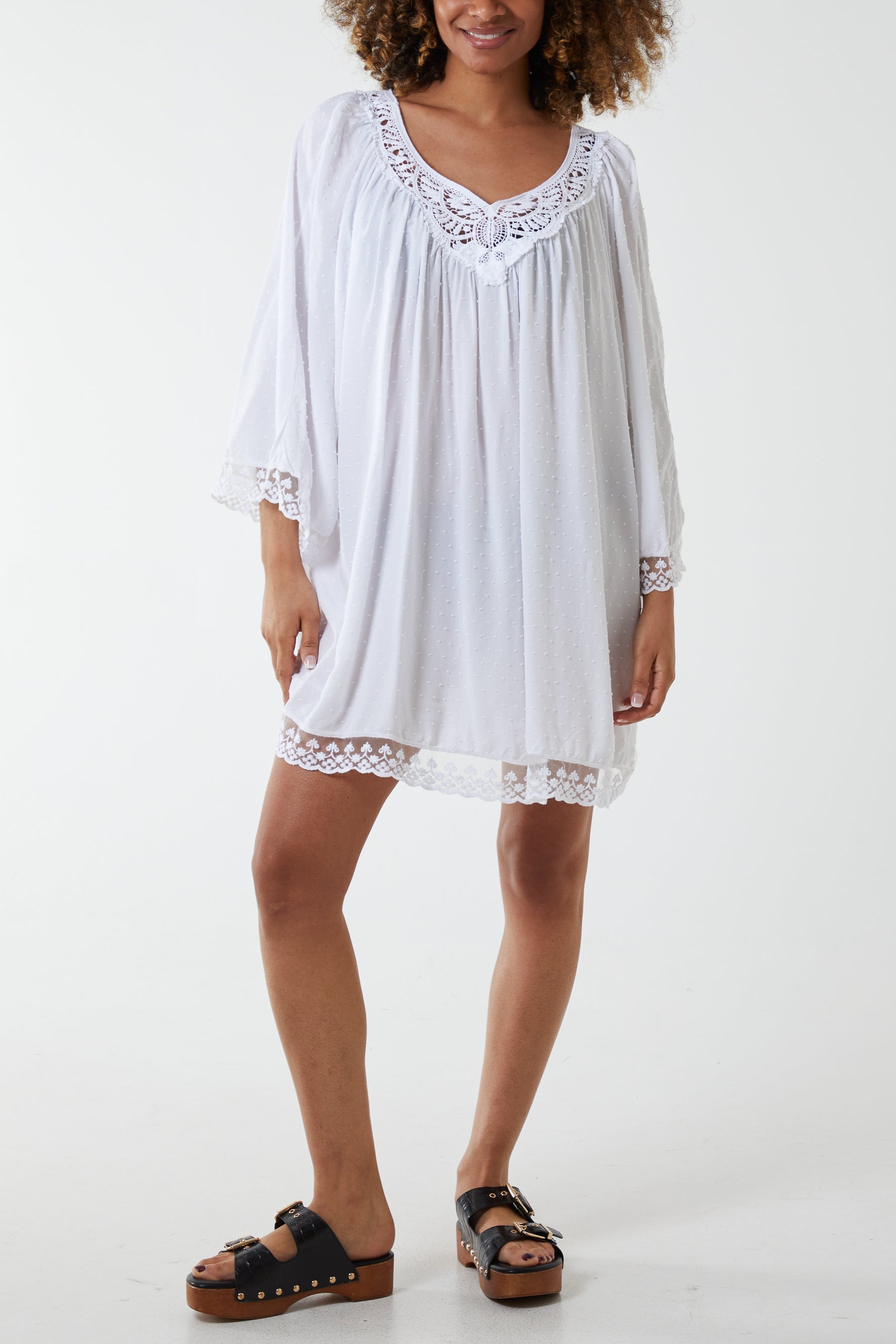 Lace Hem Broderie Collar Mini Dress DMF2 WearAll White One Size