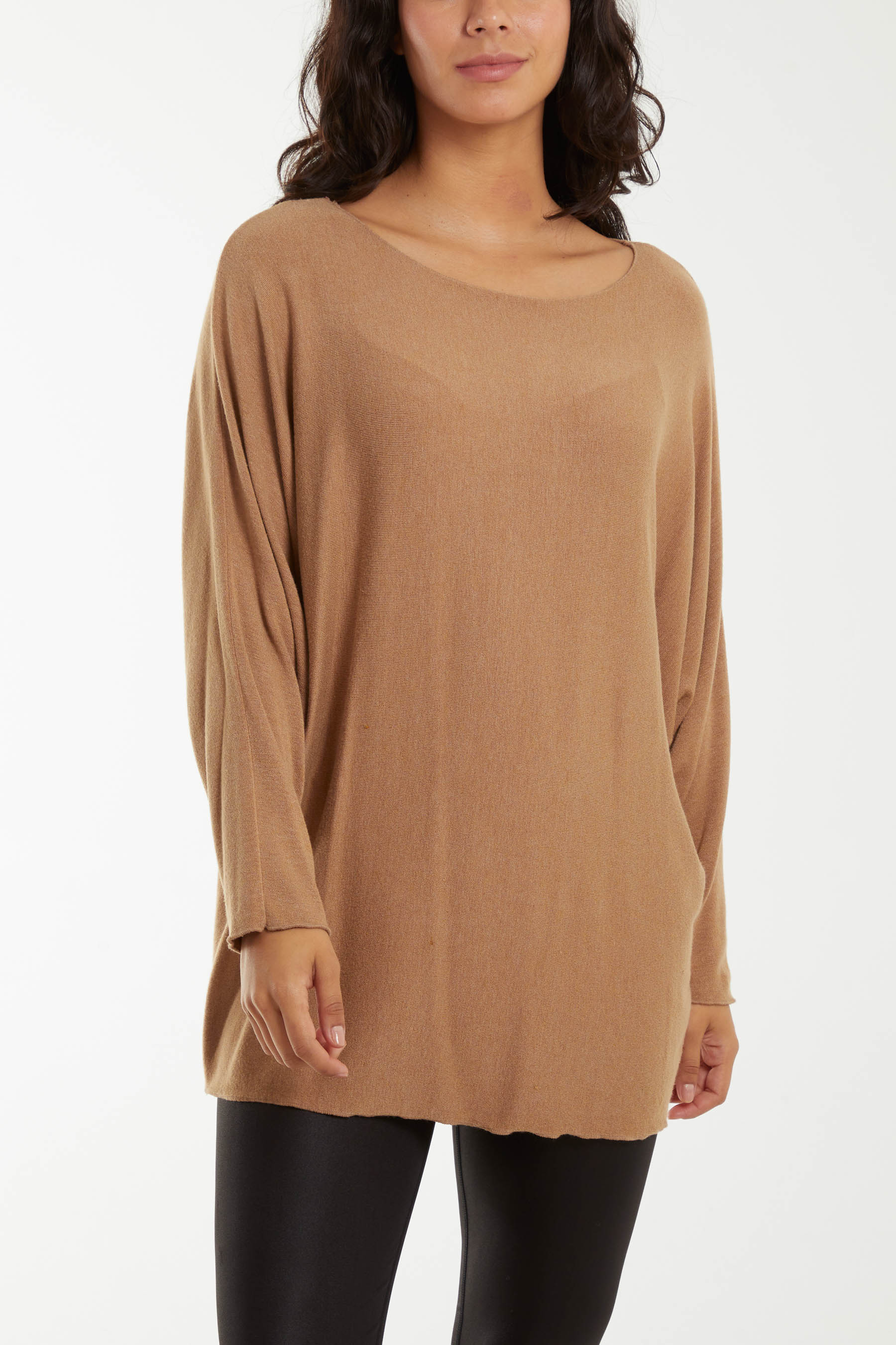 Round Neck Batwing Fine Knit Jumper Jumpers WearAll Camel One Size