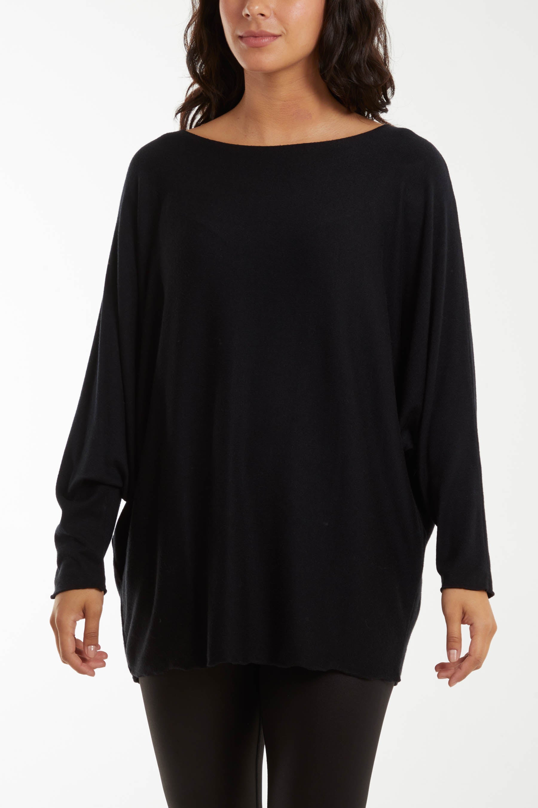 Round Neck Batwing Fine Knit Jumper Jumpers WearAll Black One Size