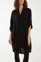 V-Neck Button Sleeve Long Top Tops WearAll Black One Size