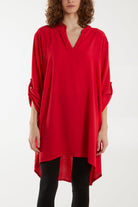 V-Neck Button Sleeve Long Top Tops WearAll Red One Size