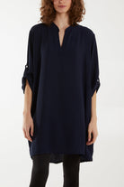 V-Neck Button Sleeve Long Top Tops WearAll Navy One Size