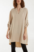 V-Neck Button Sleeve Long Top Tops WearAll Stone One Size