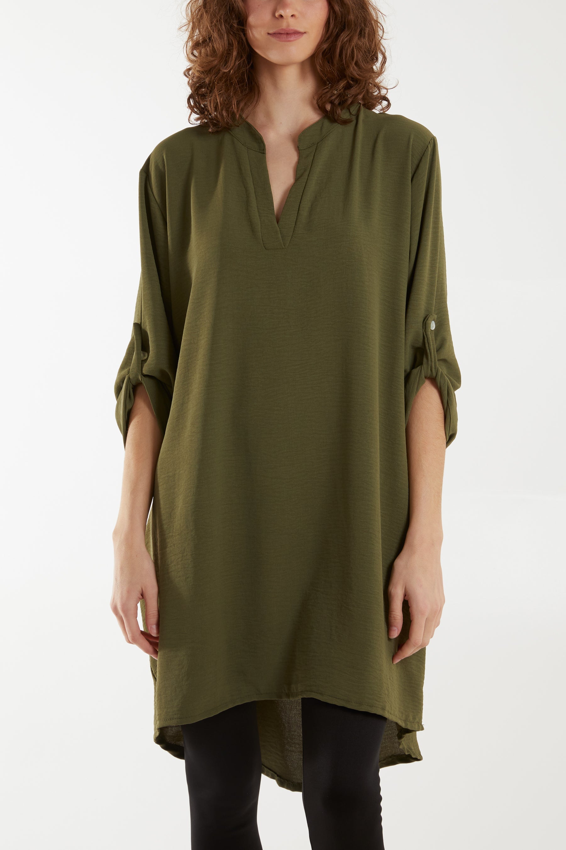 V-Neck Button Sleeve Long Top Tops WearAll Khaki One Size