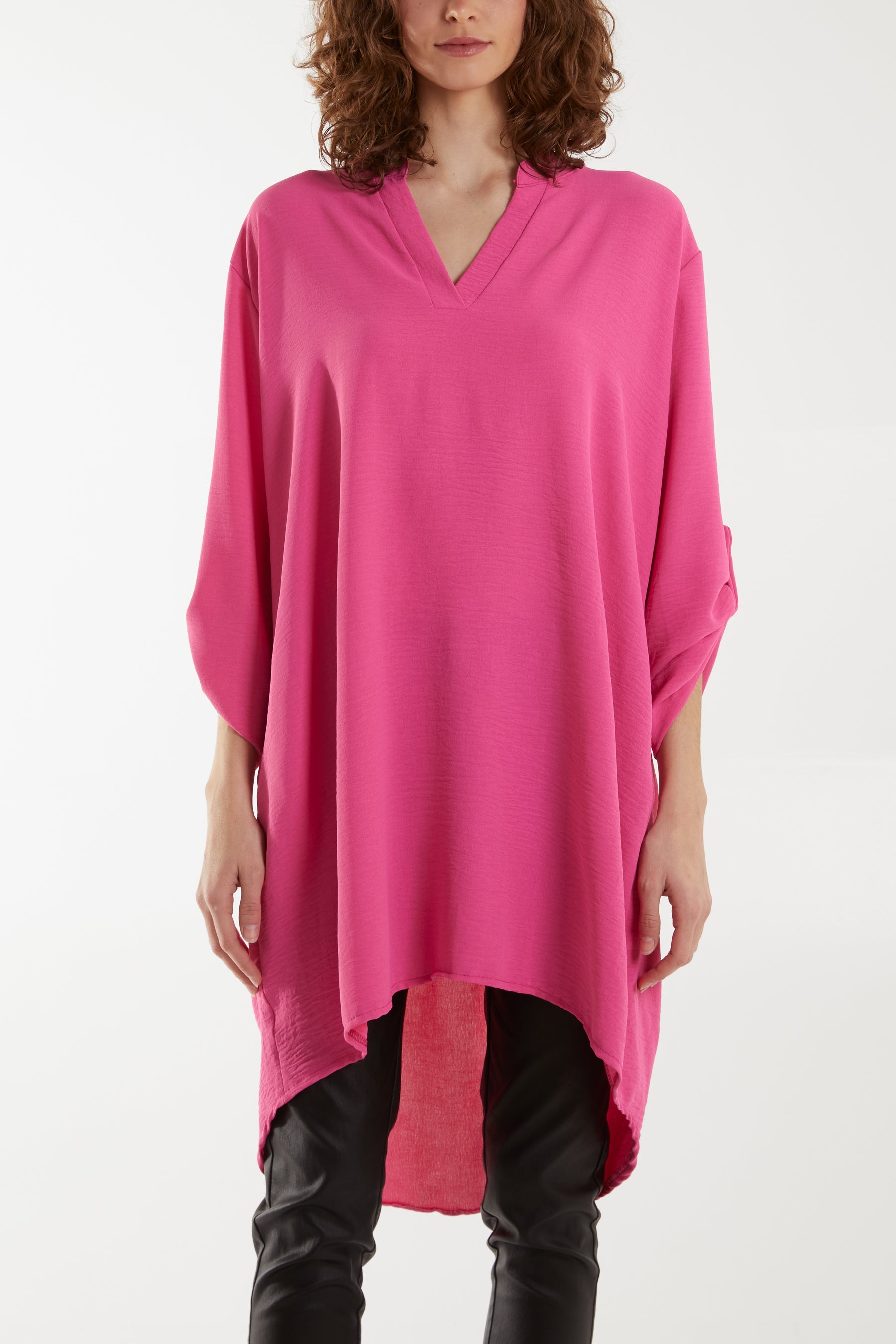 V-Neck Button Sleeve Long Top Tops WearAll Hot Pink One Size