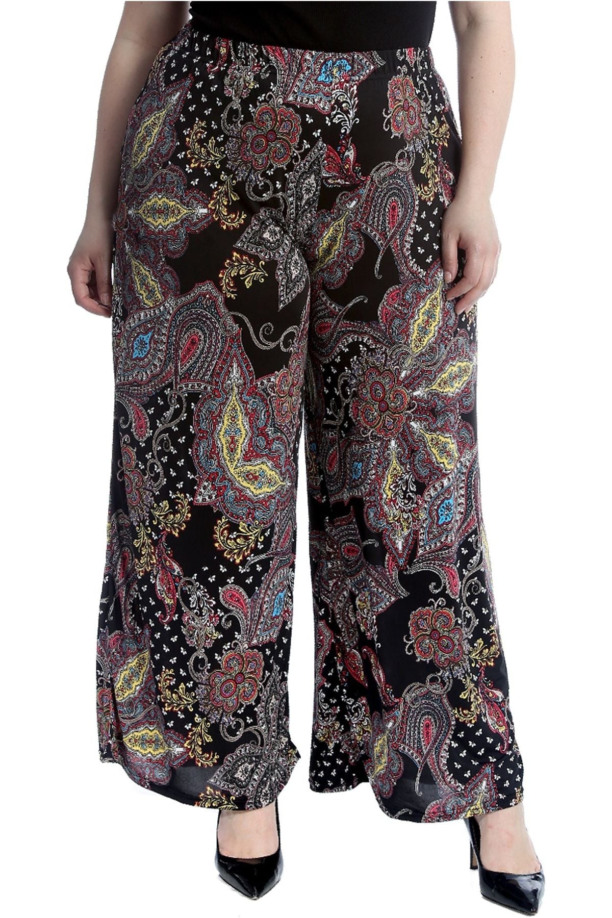 Plus Size Wine Paisley Print Wide Leg Palazzo Trouser Palazzo WearAll Black 16-18