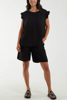 Co-Ord Frill Sleeve Top & Shorts Co-Ords WearAll Black One Size