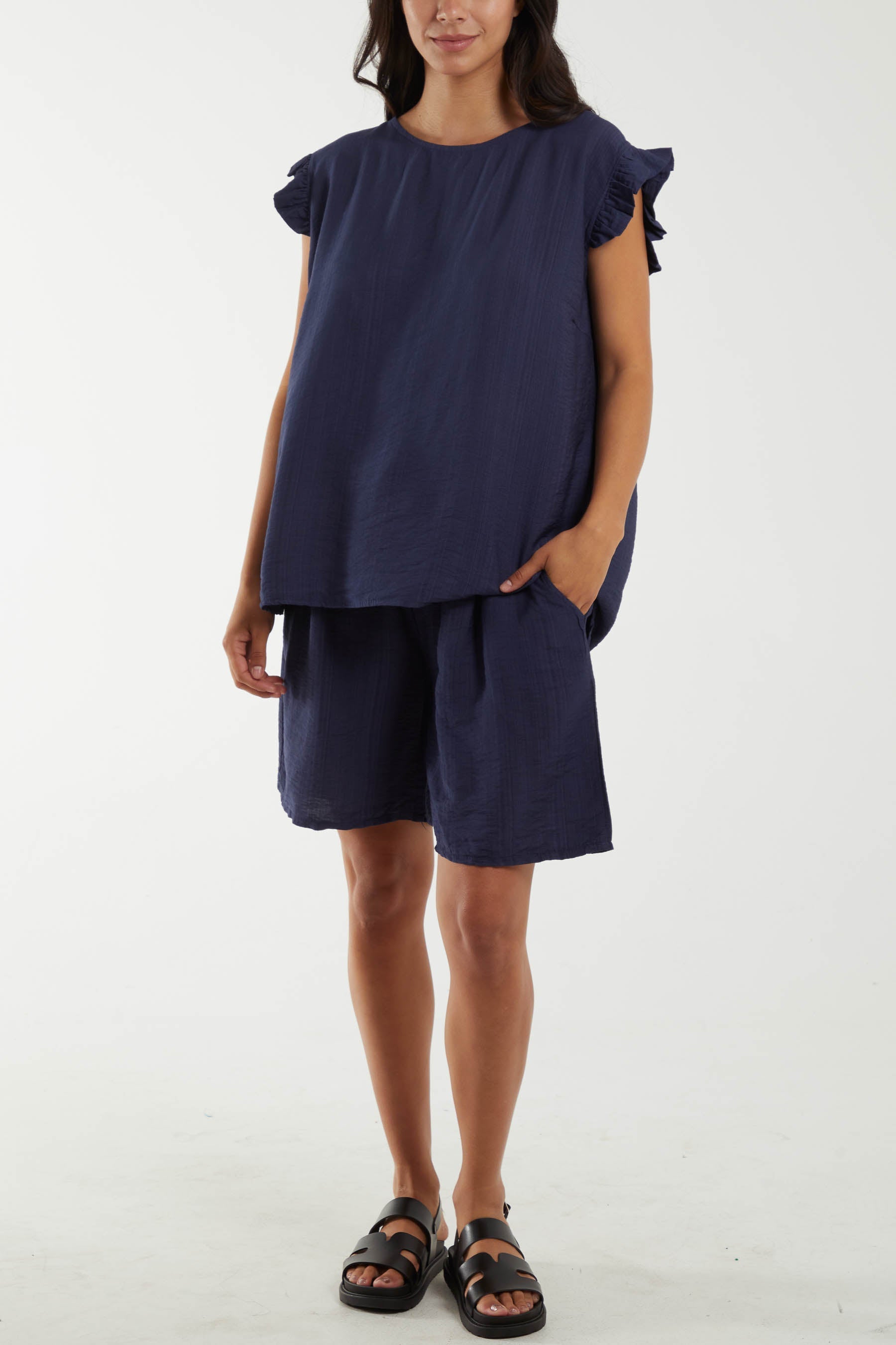 Co-Ord Frill Sleeve Top & Shorts Co-Ords WearAll Navy One Size