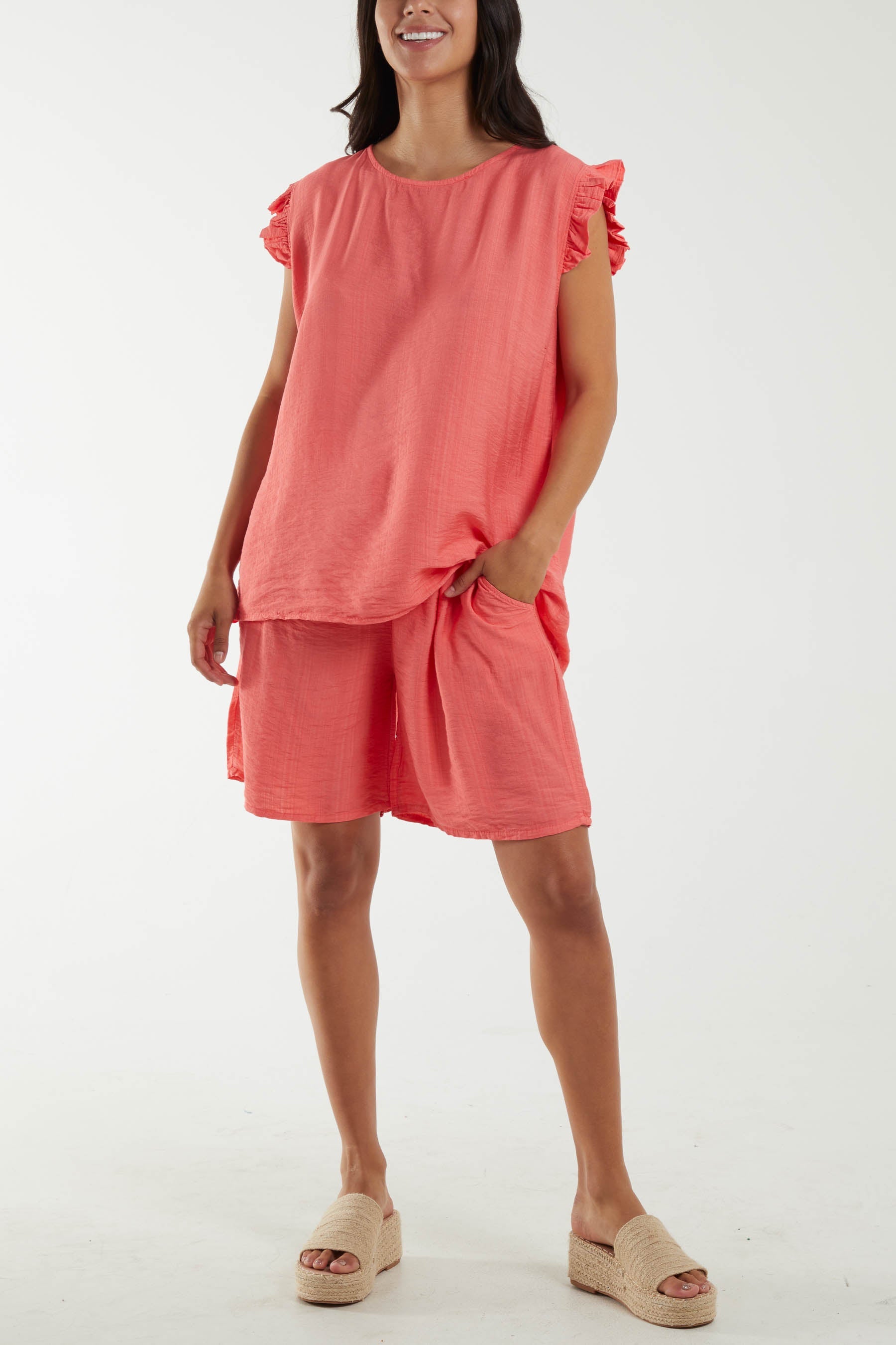 Co-Ord Frill Sleeve Top & Shorts Co-Ords WearAll Coral One Size