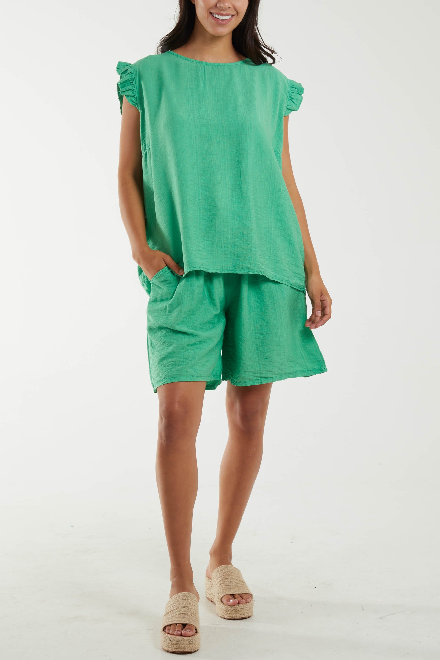 Co-Ord Frill Sleeve Top & Shorts Co-Ords WearAll Jade One Size