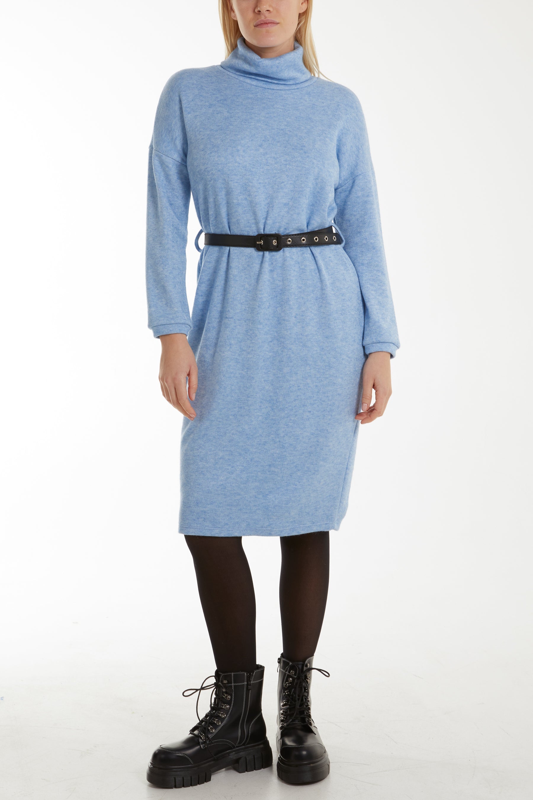 Roll Neck Belted Knitted Midi Dress DMF2 WearAll Light Blue One Size