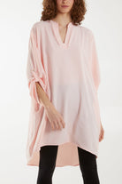 V-Neck Button Sleeve Long Top Tops WearAll Pink One Size