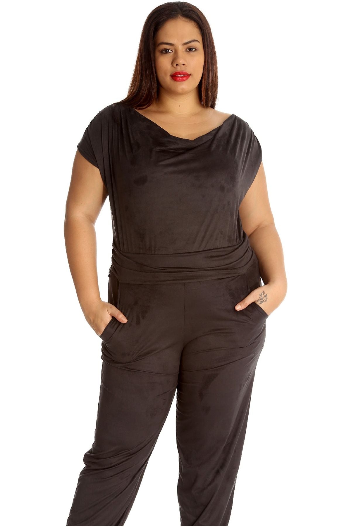 Plus Size Cowl Neck Pocket Belted Jumpsuit Jumpsuit WearAll Black 20