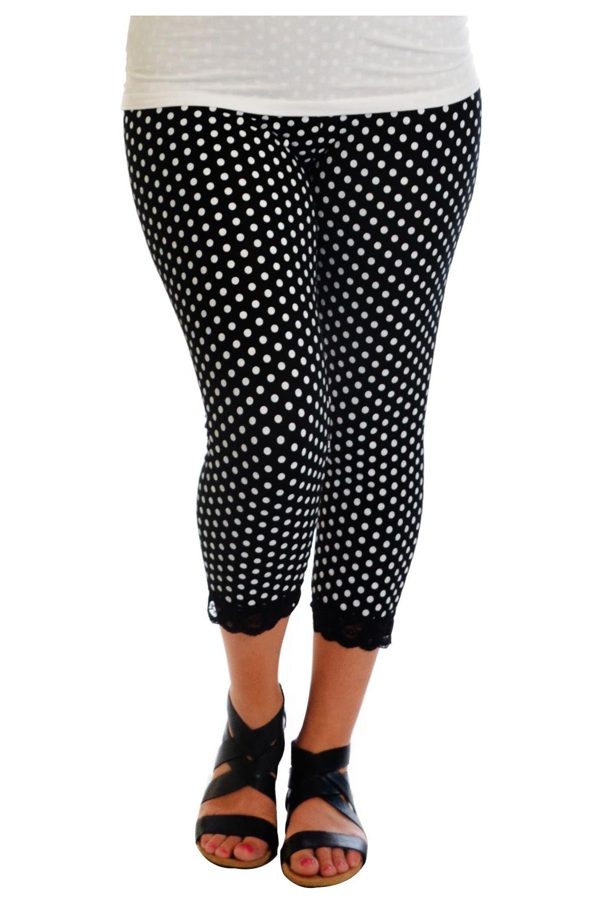 Plus Size Cropped Polka Dot Lace Trim Leggings Leggings WearAll