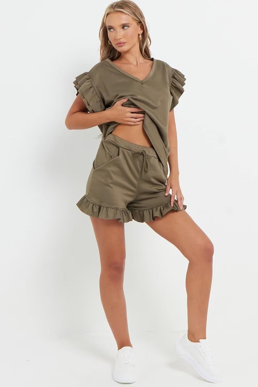 V Neck Frill Sleeved Shorts Lounge Set Co-Ord WearAll