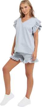 V Neck Frill Sleeved Shorts Lounge Set Co-Ord WearAll Grey 8-10