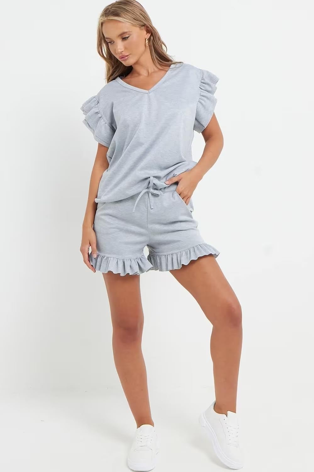 V Neck Frill Sleeved Shorts Lounge Set Co-Ord WearAll