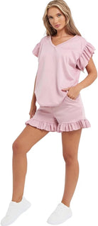 V Neck Frill Sleeved Shorts Lounge Set Co-Ord WearAll Pink 8-10