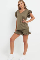 V Neck Frill Sleeved Shorts Lounge Set Co-Ord WearAll Khaki 8-10