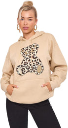 Bear Leopard Print Hoodie Sweatshirt Jumper WearAll Beige 8-10