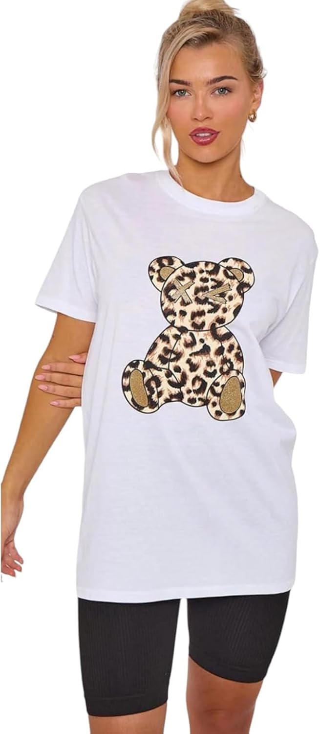 Leopard Teddy Graphic Oversized Baggy T-Shirt Top T-shirts WearAll White 8-10