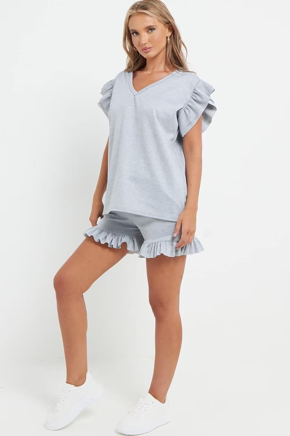 V Neck Frill Sleeved Shorts Lounge Set Co-Ord WearAll