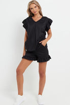 V Neck Frill Sleeved Shorts Lounge Set Co-Ord WearAll Black 8-10