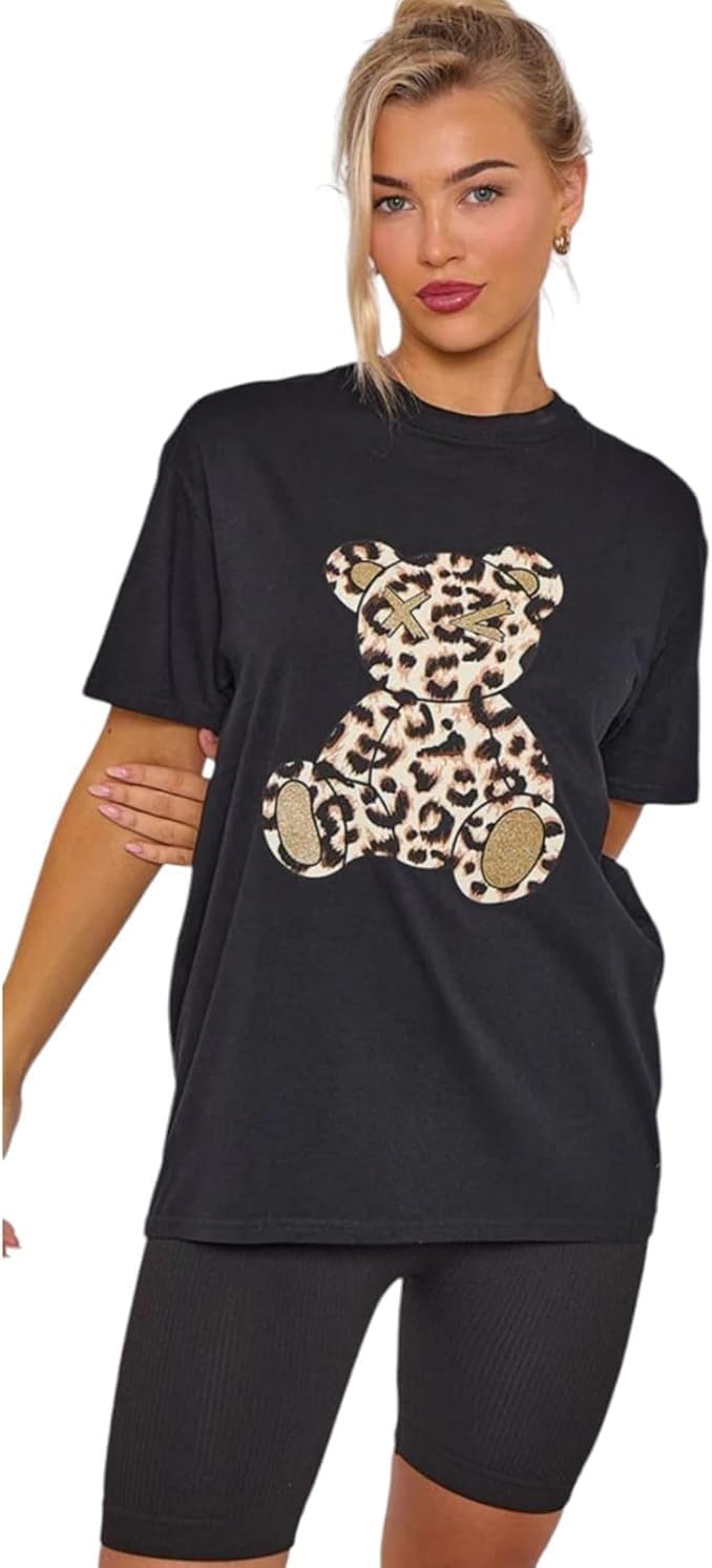 Leopard Teddy Graphic Oversized Baggy T-Shirt Top T-shirts WearAll Black 8-10