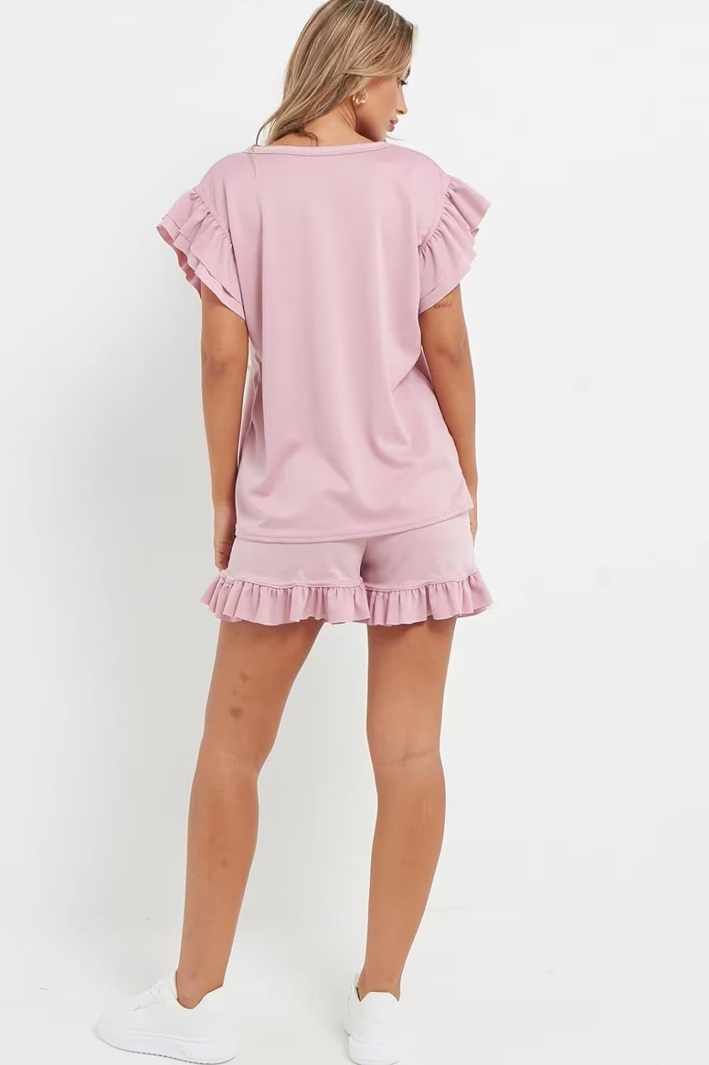 V Neck Frill Sleeved Shorts Lounge Set Co-Ord WearAll