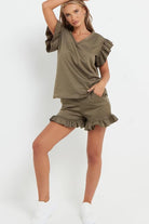 V Neck Frill Sleeved Shorts Lounge Set Co-Ord WearAll