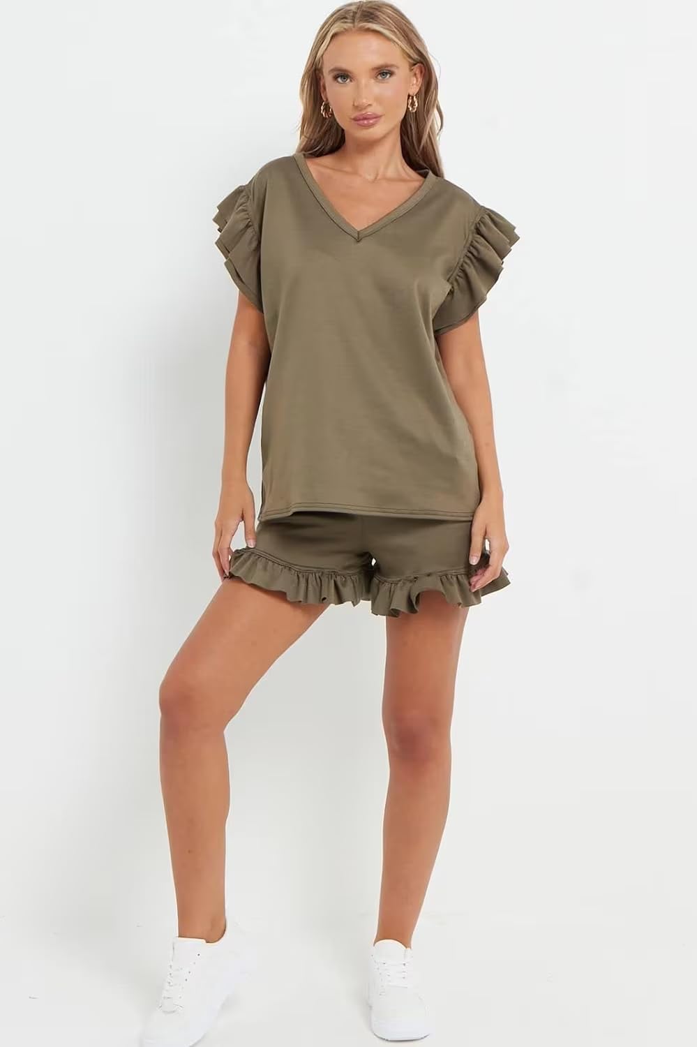 V Neck Frill Sleeved Shorts Lounge Set Co-Ord WearAll