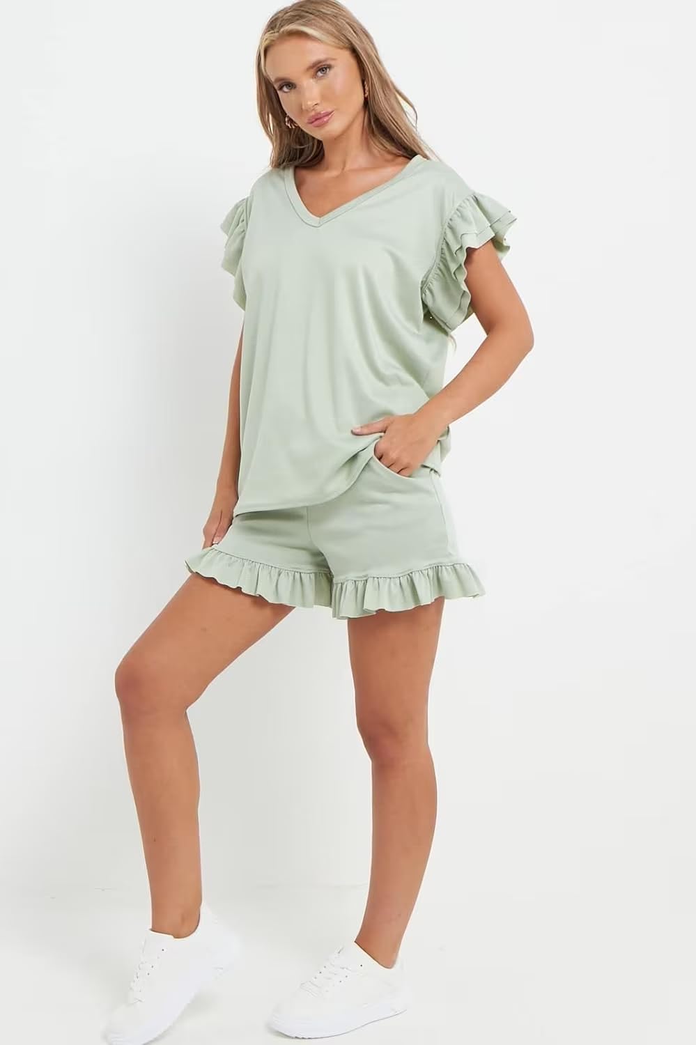 V Neck Frill Sleeved Shorts Lounge Set Co-Ord WearAll