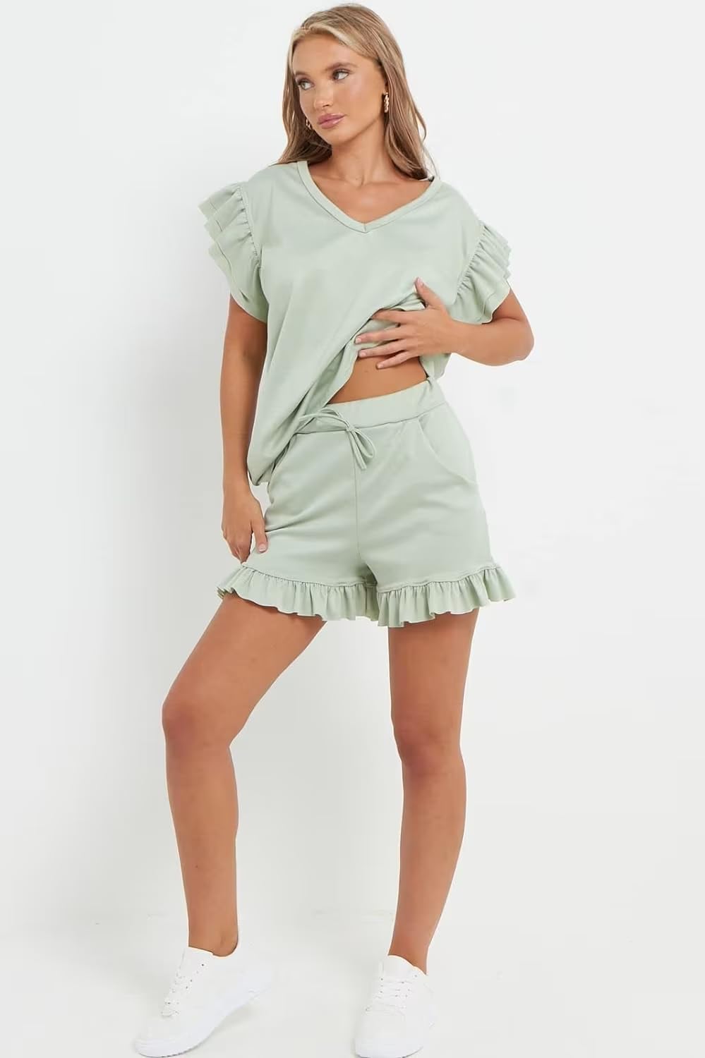 V Neck Frill Sleeved Shorts Lounge Set Co-Ord WearAll Mint 8-10