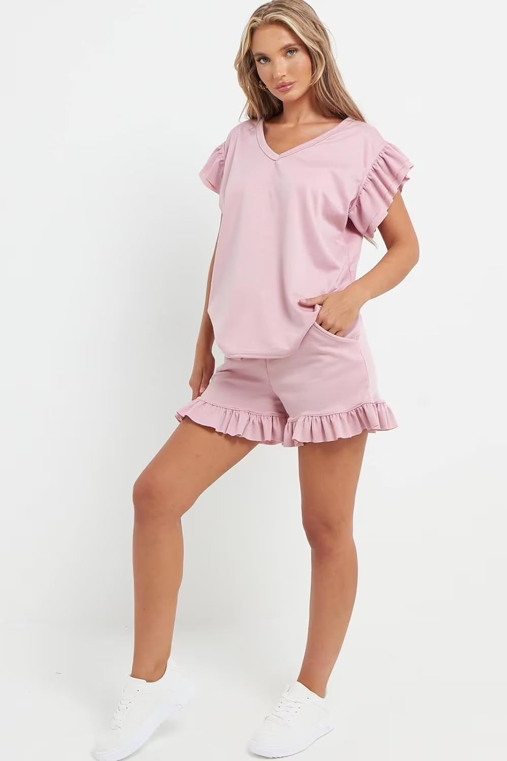 V Neck Frill Sleeved Shorts Lounge Set Co-Ord WearAll