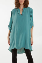 V-Neck Button Sleeve Long Top Tops WearAll Sage One Size