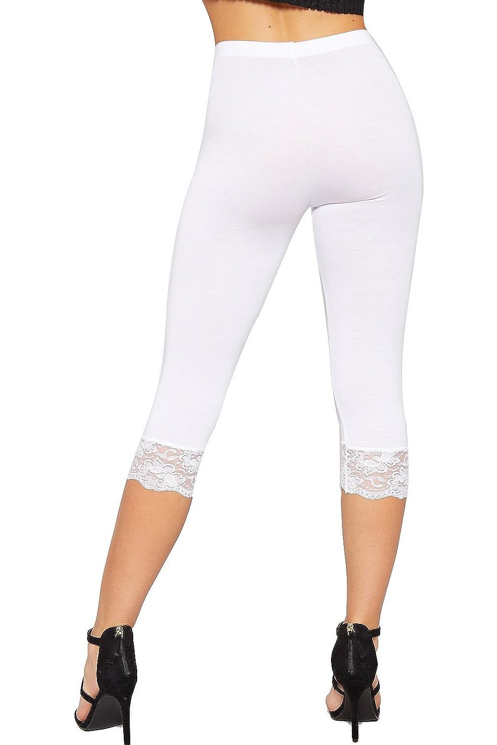 Lace Trim Cuffs Elasticated 3/4 Plain Leggings Leggings WearAll