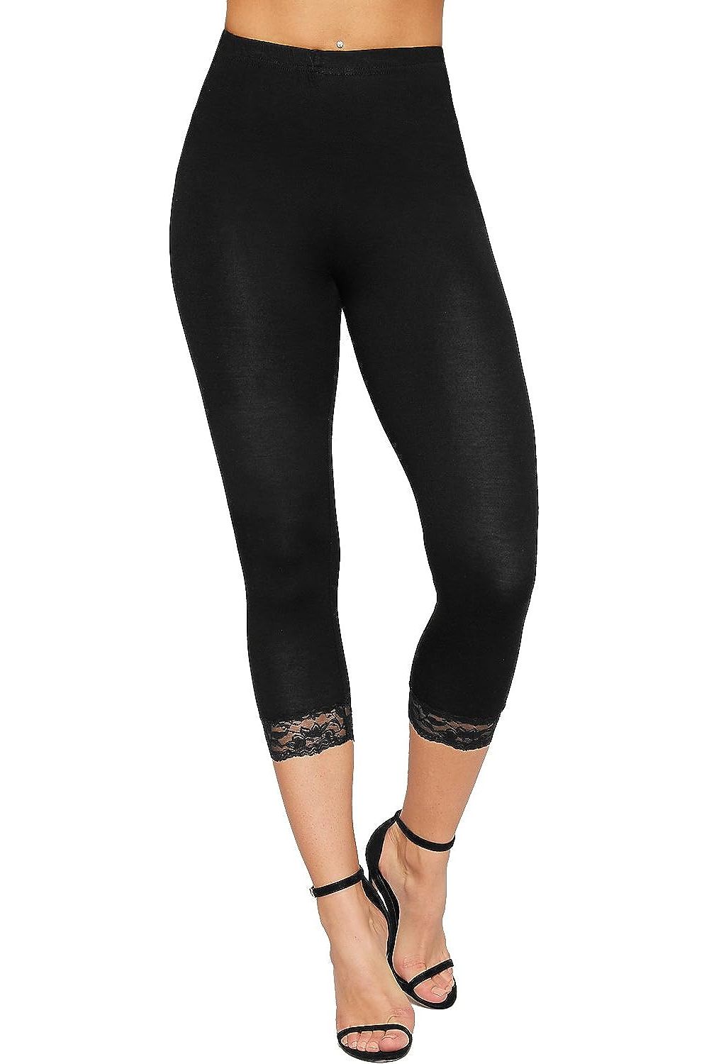 Lace Trim Cuffs Elasticated 3/4 Plain Leggings Leggings WearAll 8-10 Black