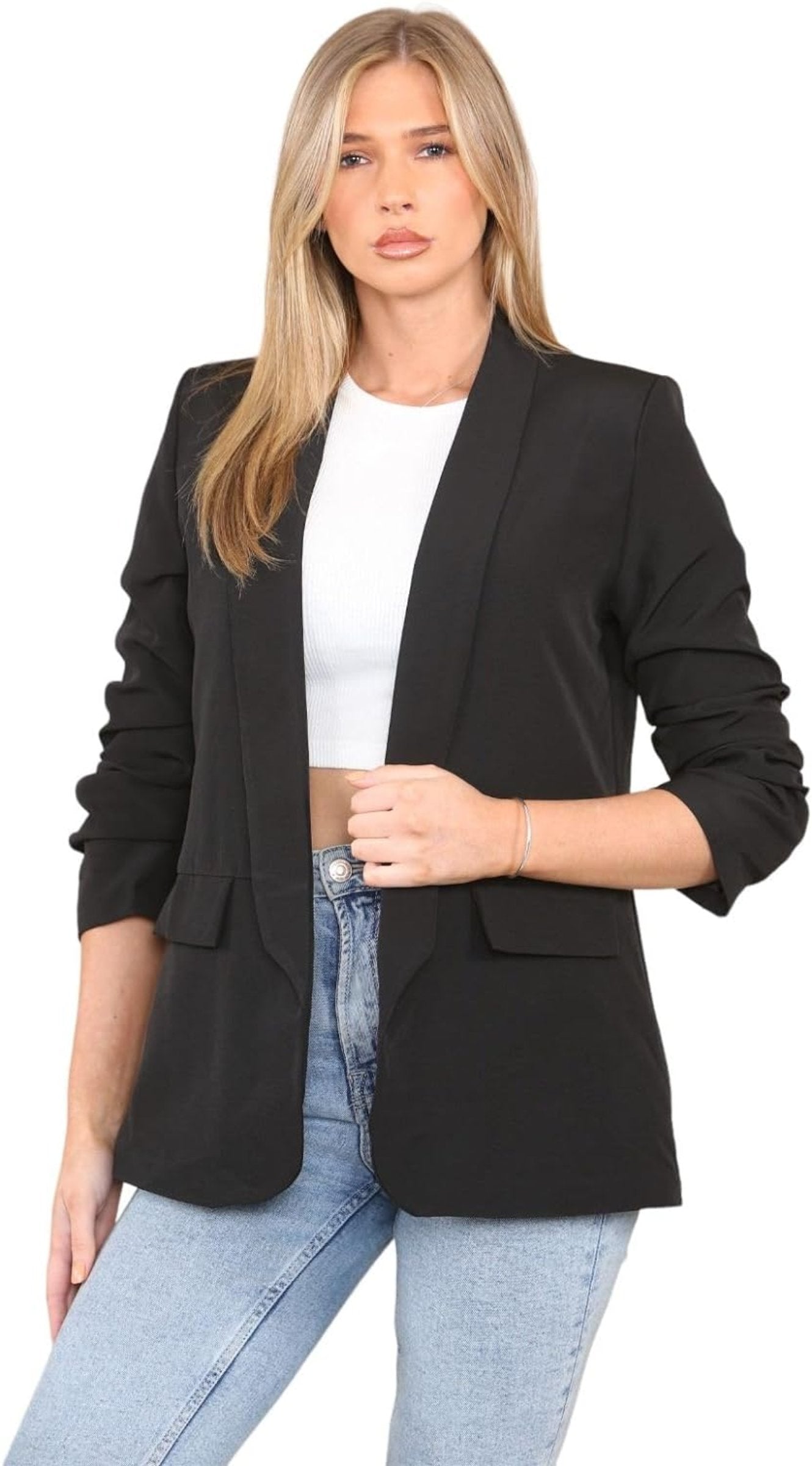 Plus Size Ruched Sleeve Blazer Jacket WearAll Black XL