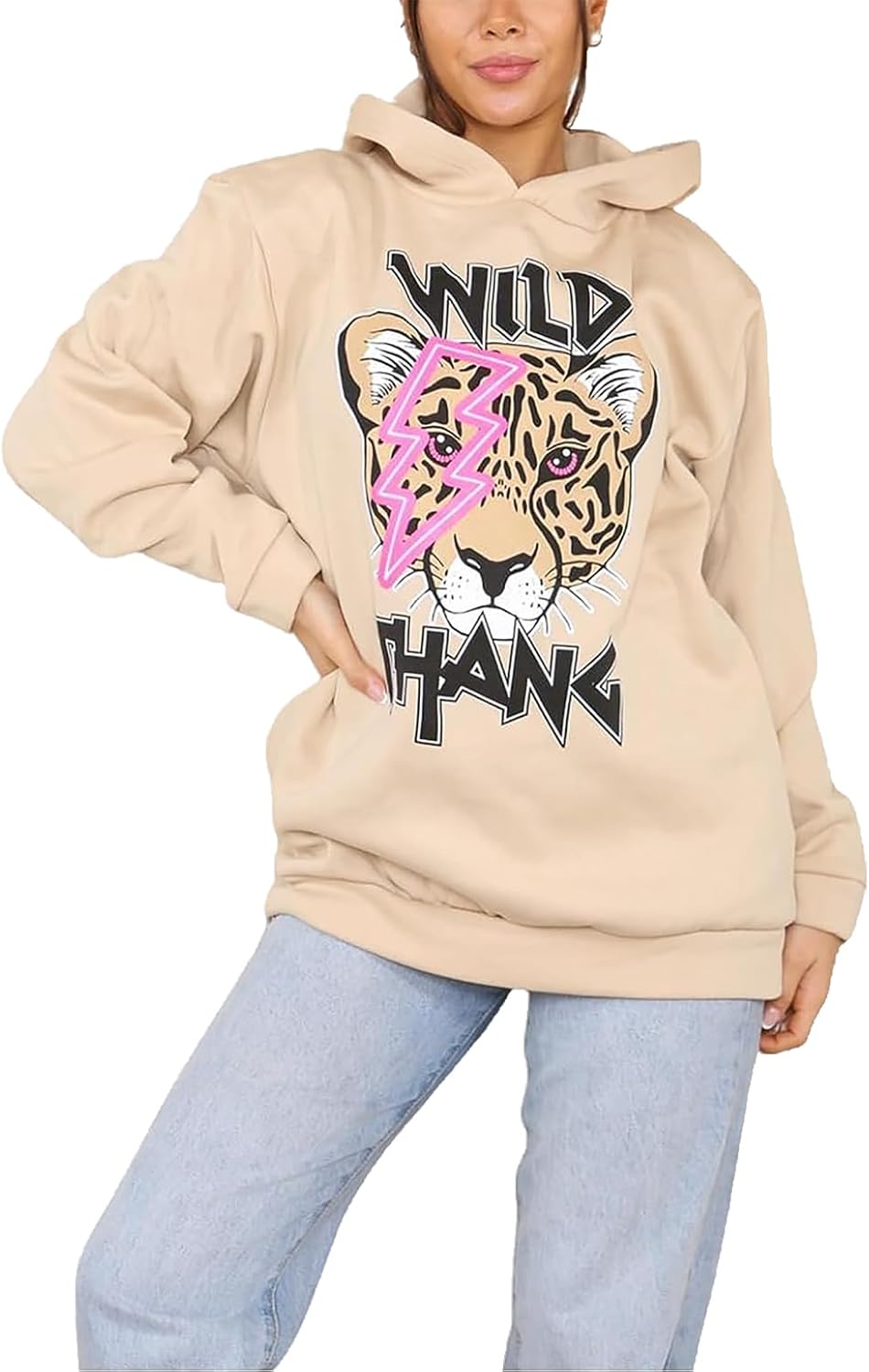 Wild Thang Tiger Print Hooded Sweatshirt Jumper Hoodies & Pullover WearAll Beige 8-10