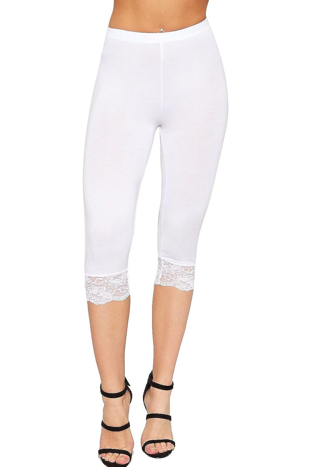 Lace Trim Cuffs Elasticated 3/4 Plain Leggings Leggings WearAll 8-10 White