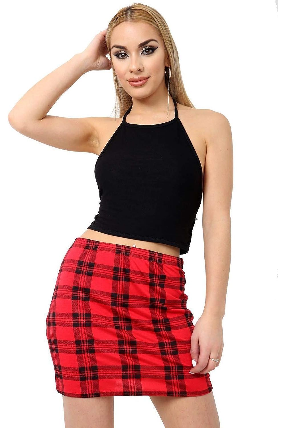 Plus Size Printed Mini Bodycon Short Skirt Skirt WearAll Red Tartan 16-18