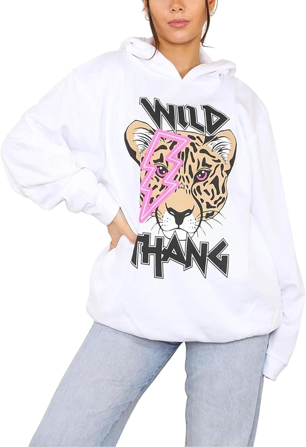 Wild Thang Tiger Print Hooded Sweatshirt Jumper Hoodies & Pullover WearAll White 8-10