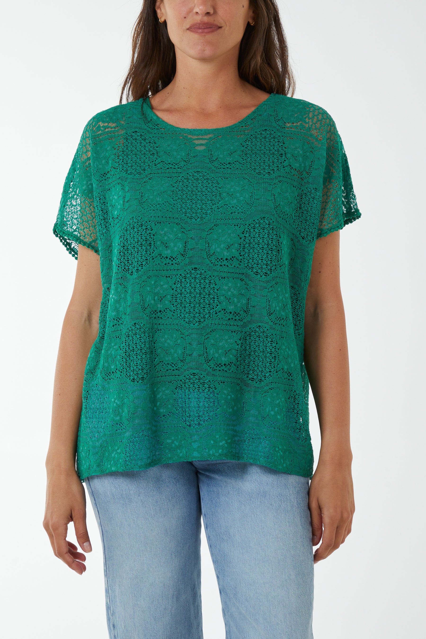 Short Sleeve Round Neck Lace Top Tops WearAll Green One Size