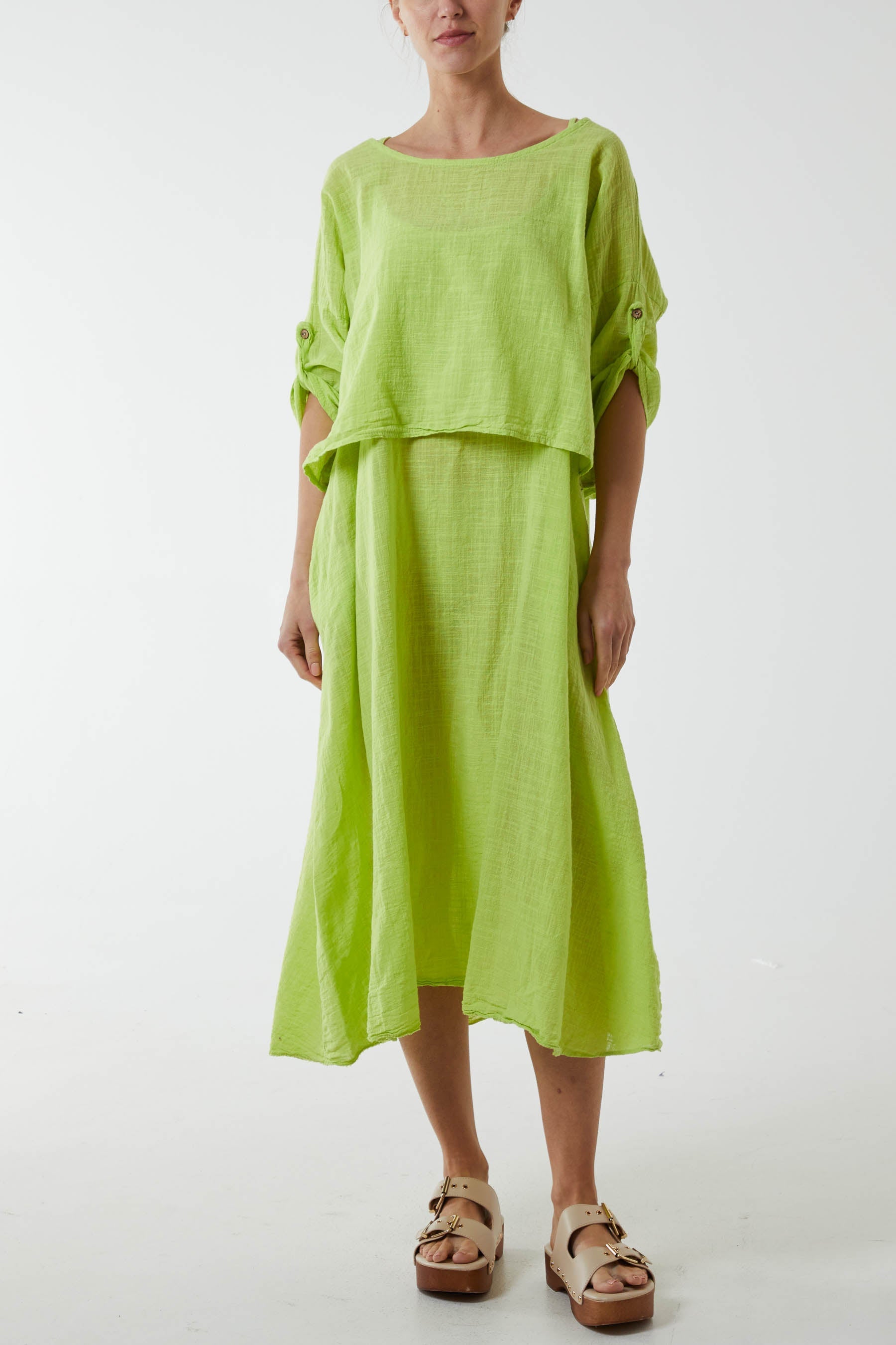 Cami Dress with Crop T Shirt Overlay Co-Ords WearAll Lime One Size