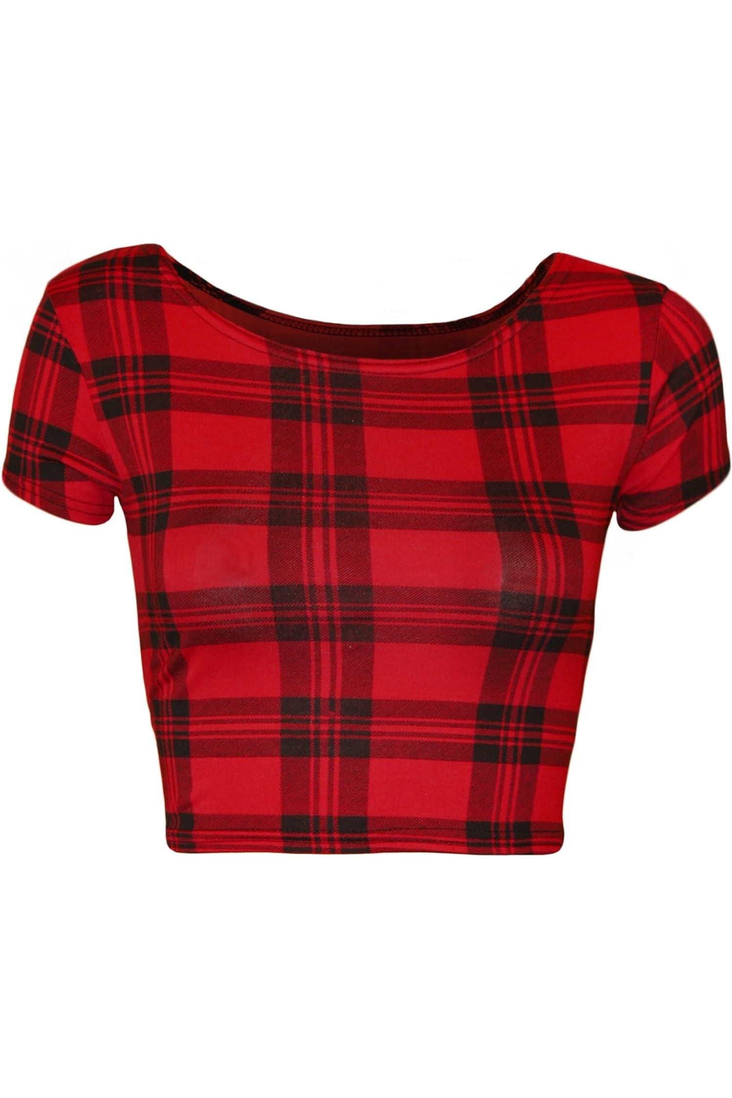 Printed Cap Sleeve Crop Top Tops WearAll Red Tartan 8-10