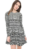 Plus Size Big Aztec Print Long Sleeve Swing Dress Top Dress WearAll Big Aztec 16-18