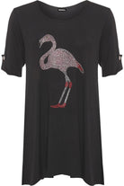 Diamante Flamingo Top Print Short Flared T-Shirt Tops WearAll Black 14